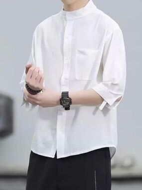 Craltuxe Chinese Style Mandarin Collar White Button Down Shirt Men’s Dress Shirt